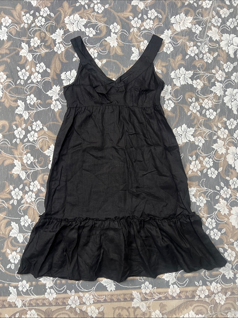 Black Women's Sleeveless Ruffle Hem Dress 100% Linen